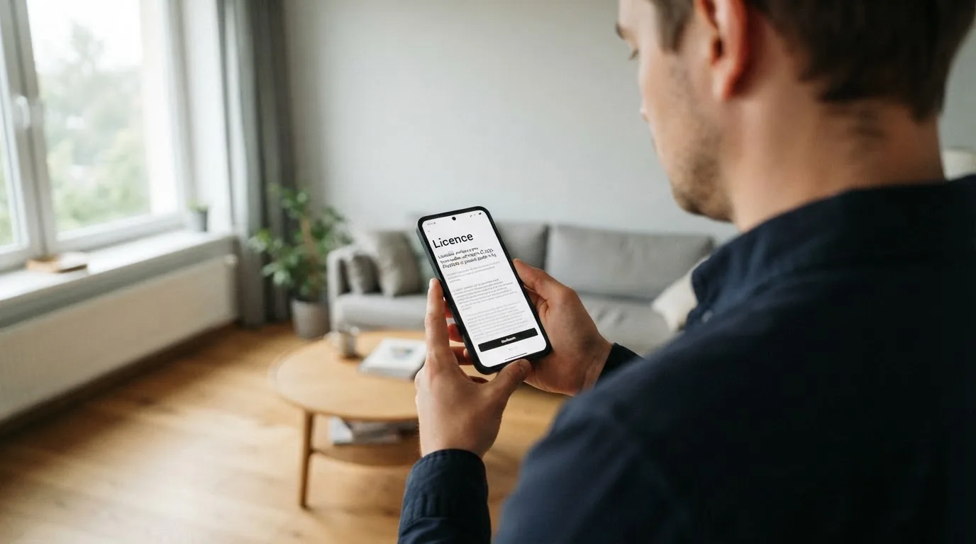 Muž v obývacím pokoji drží telefon a zamyšleně hledí z okna za dne.