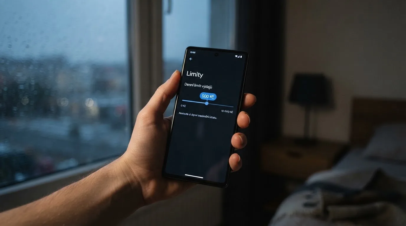 Ruka drží chytrý telefon u okna, klidné večerní světlo — bezpečné zahraniční casino pro české hráče