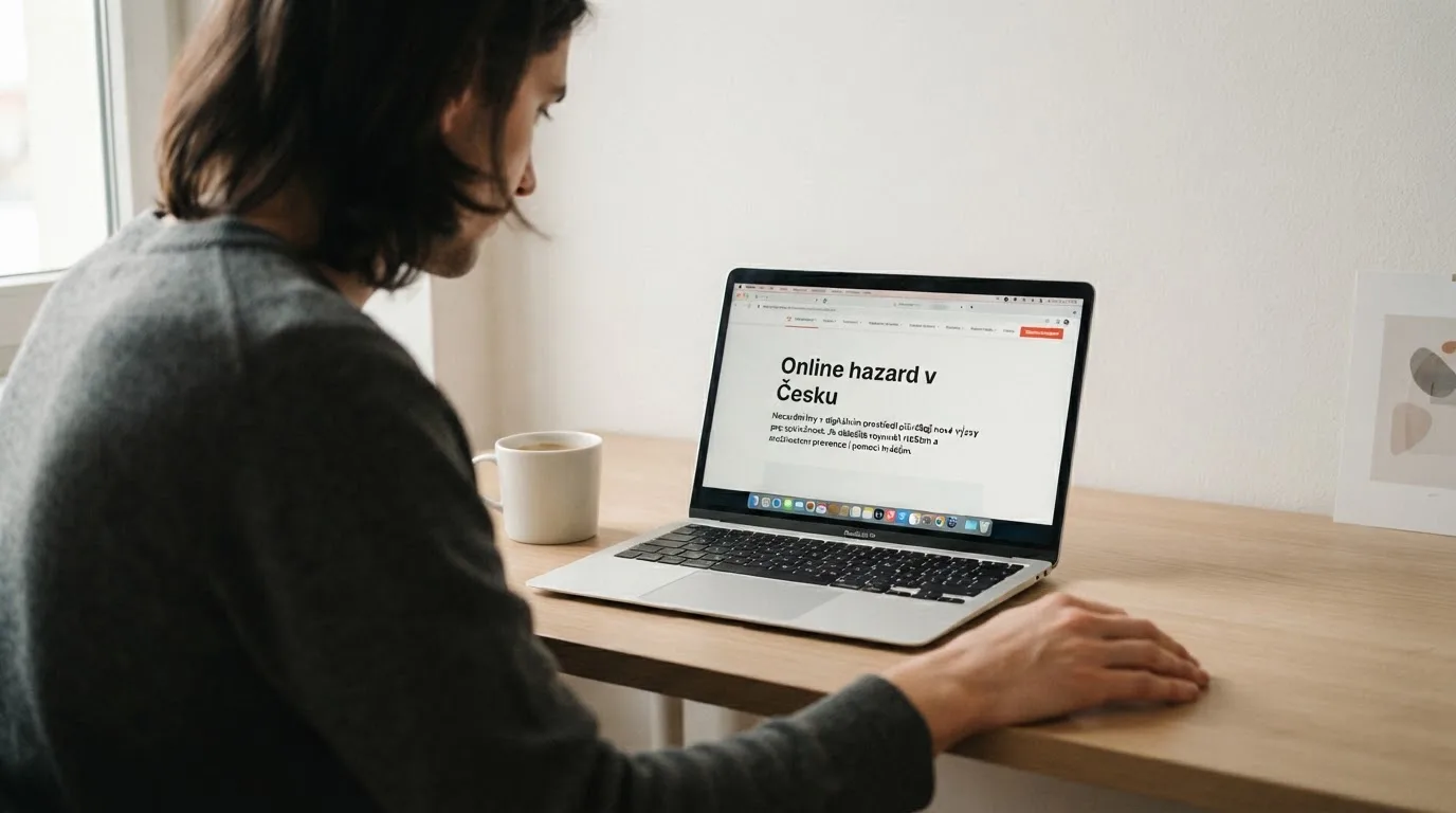 Člověk u notebooku čte informační stránku o online hazardu v Česku — casina online bez ověření totožnosti