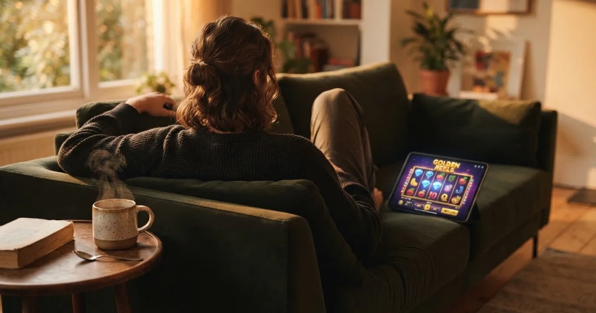 Hráč na gauči s tabletem, šálek kávy na stolku, teplé světlo — casina promo kód bez vkladu