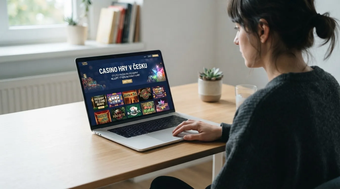 Člověk u notebooku čte informační stránku o online hazardu v Česku — casina promo kód bez vkladu