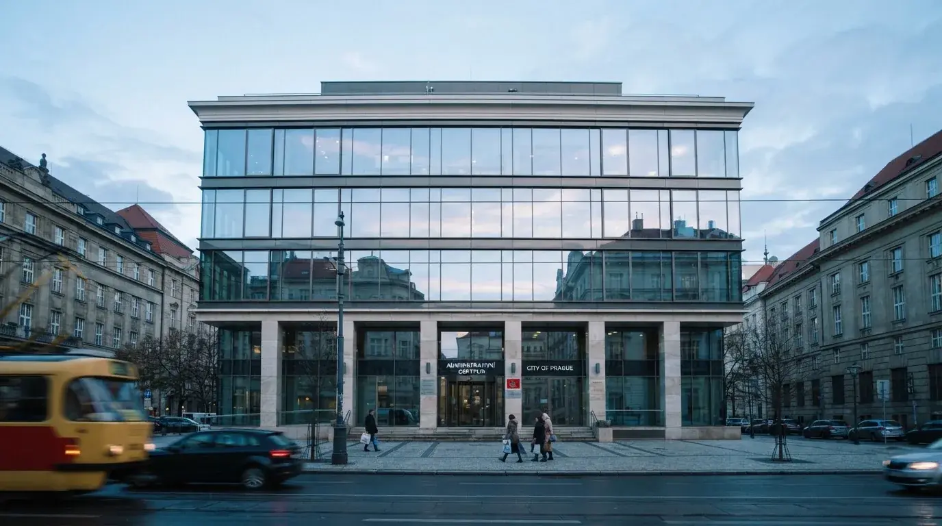 Fasáda moderní administrativní budovy s skleněnými okny odráží ranní oblohu nad rušnou pražskou ulicí.