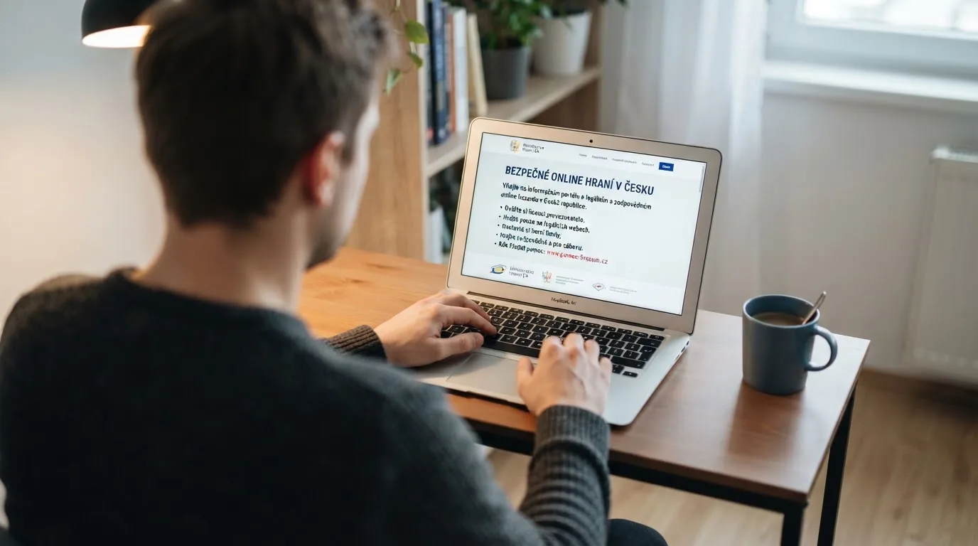 Člověk u notebooku čte informační stránku o online hazardu v Česku — casino minimální vklad 1, 5, 10 euro
