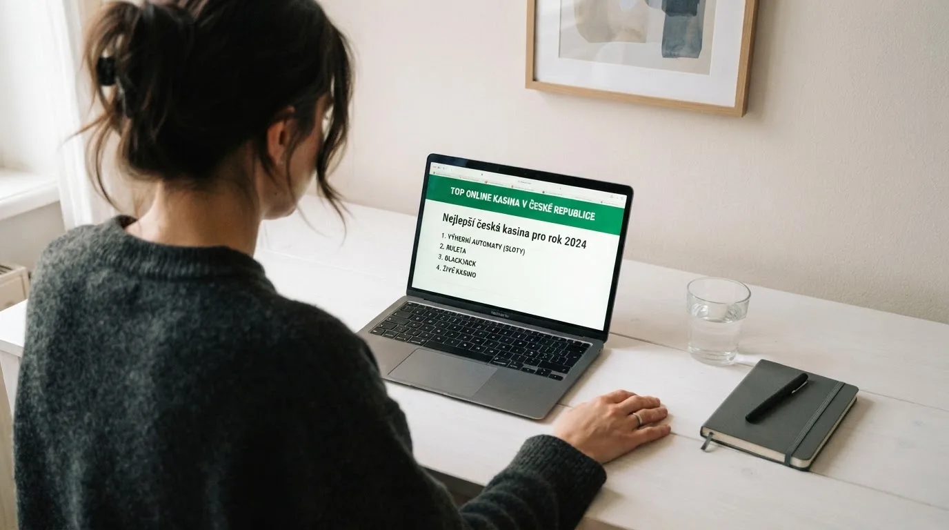 Člověk u notebooku čte informační stránku o online hazardu v Česku — casino minimální vklad 100 kč