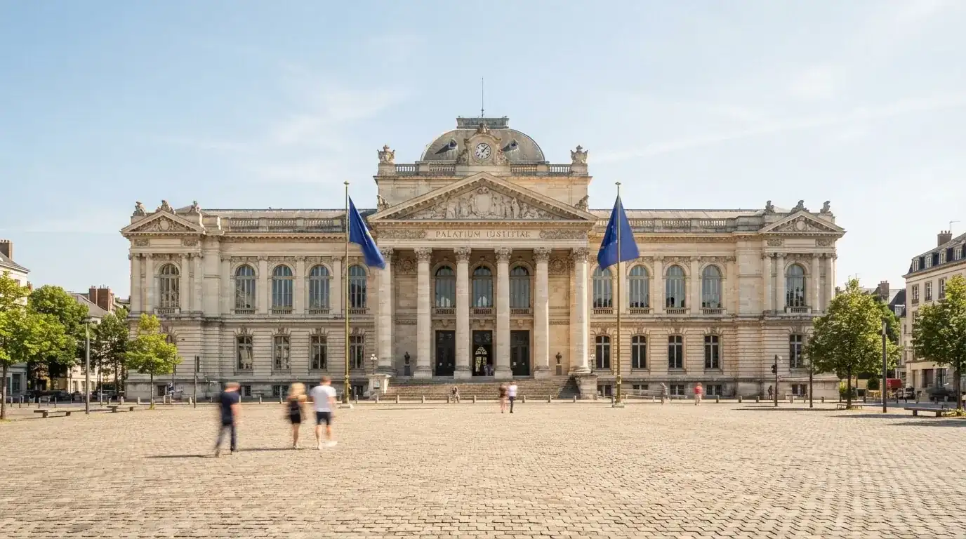 Historická úřední budova s vlajkami na slunečném náměstí — casino okamžitý výběr