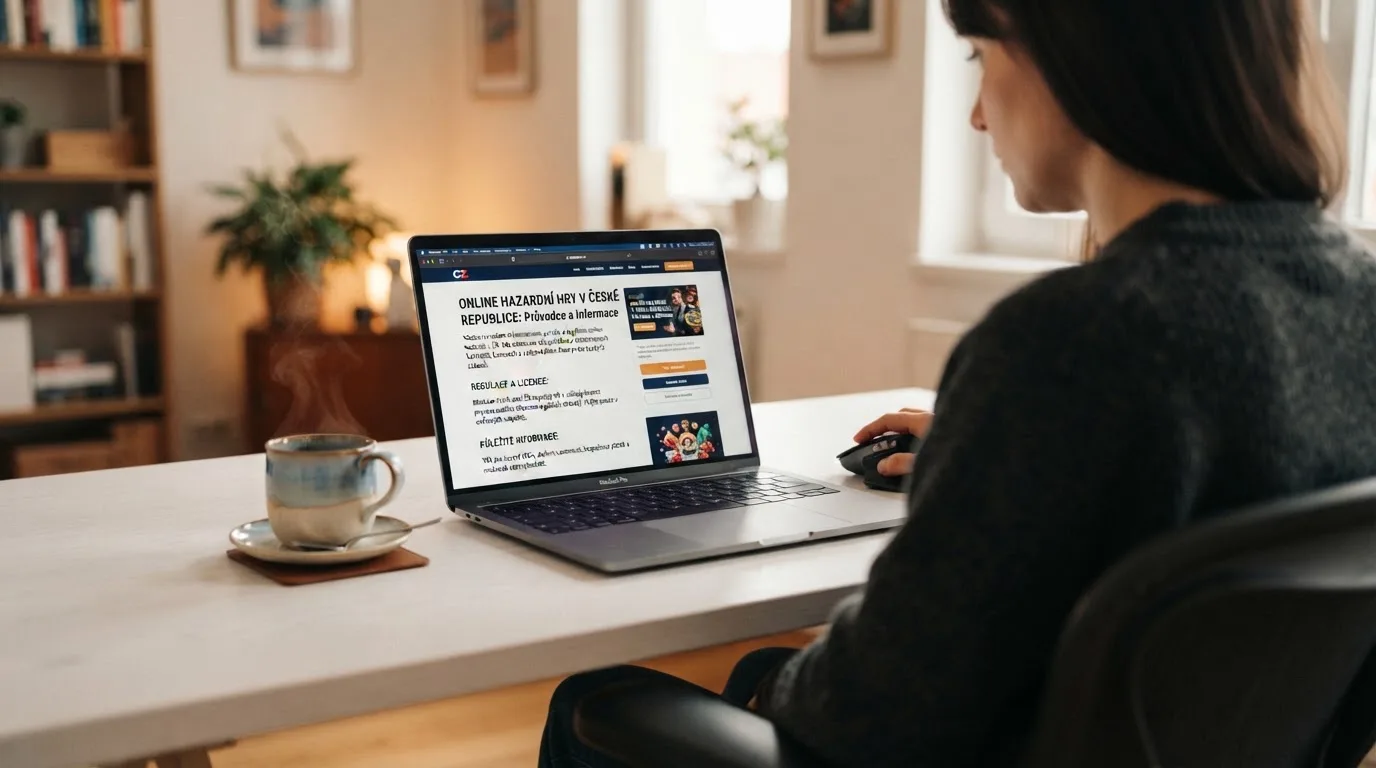 Člověk u notebooku čte informační stránku o online hazardu v Česku — casino okamžitý výběr