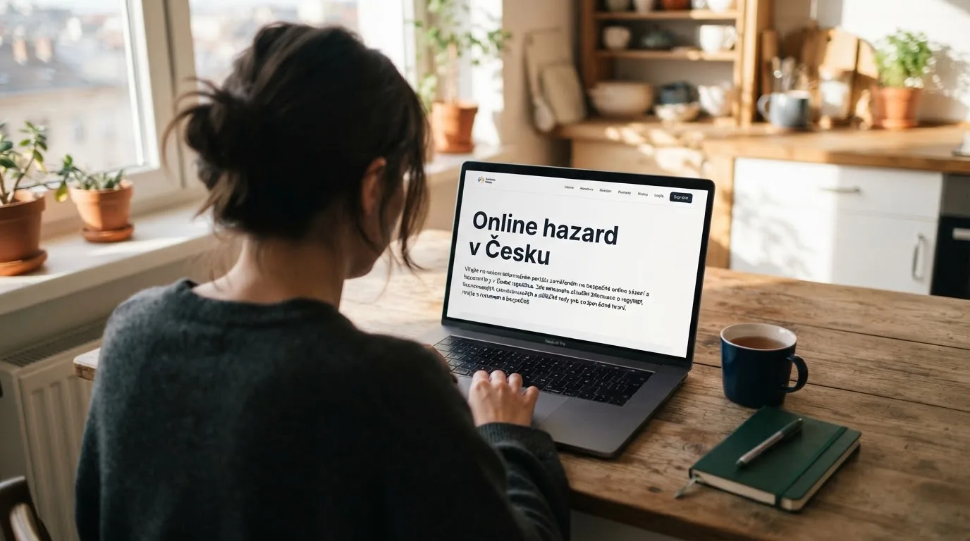 Člověk u notebooku čte informační stránku o online hazardu v Česku — hrací automaty hrací automaty zdarma online
