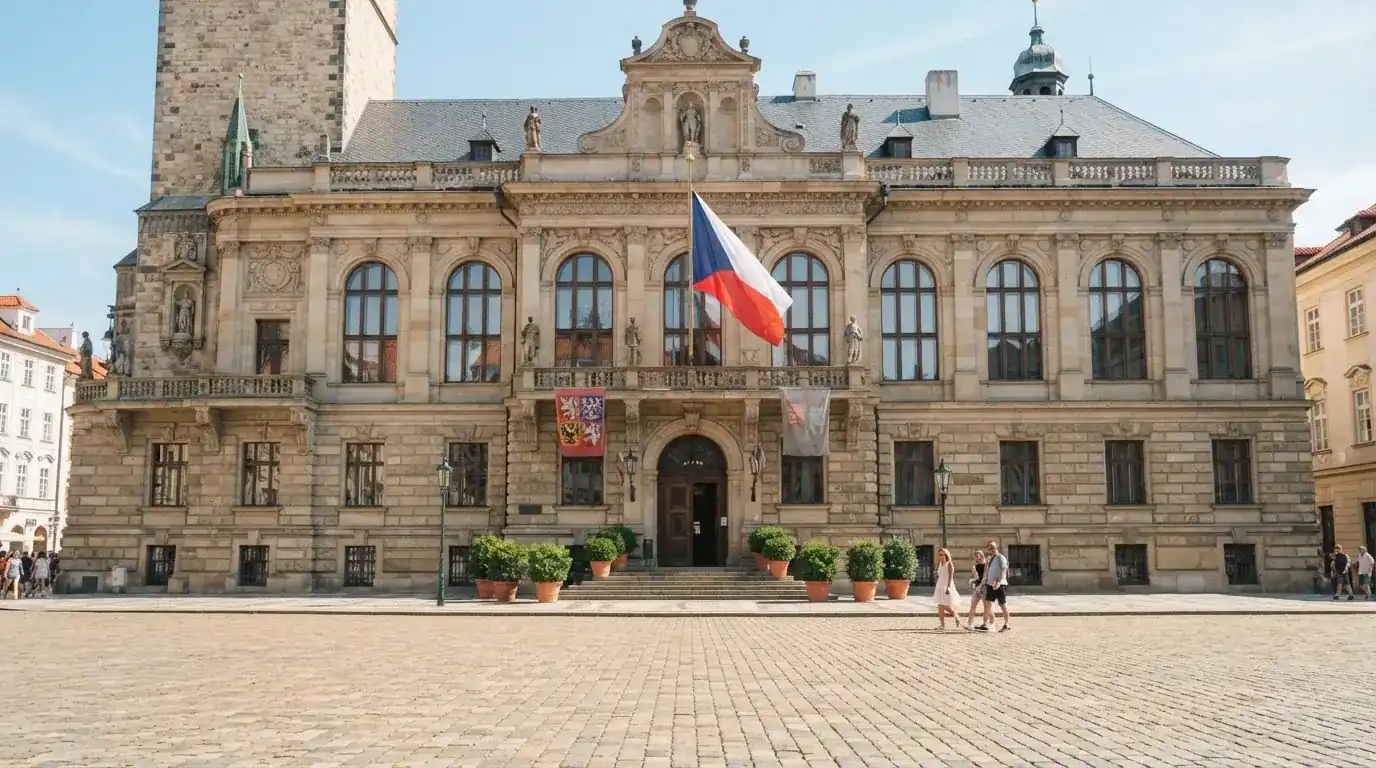 Historická úřední budova s vlajkami na slunečném náměstí — hrací automaty zdarma ke stažení