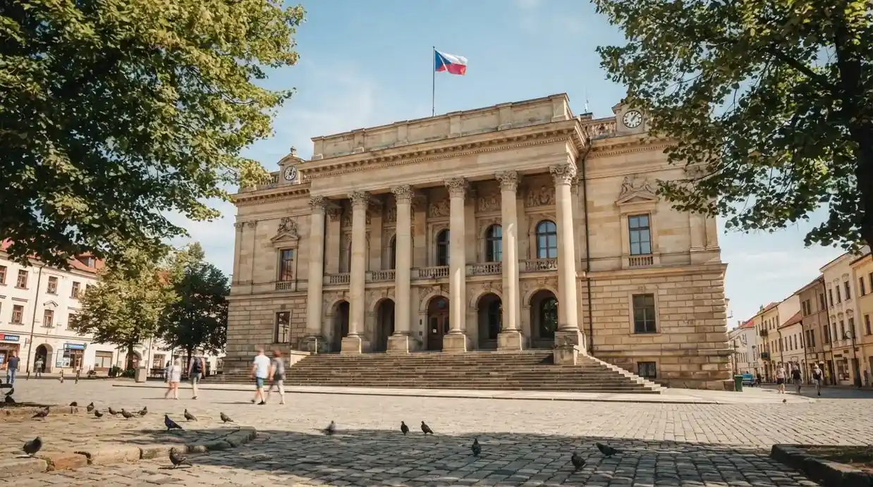 Kamenná budova se sloupy a vlajkou stojí na náměstí za slunečného dne.
