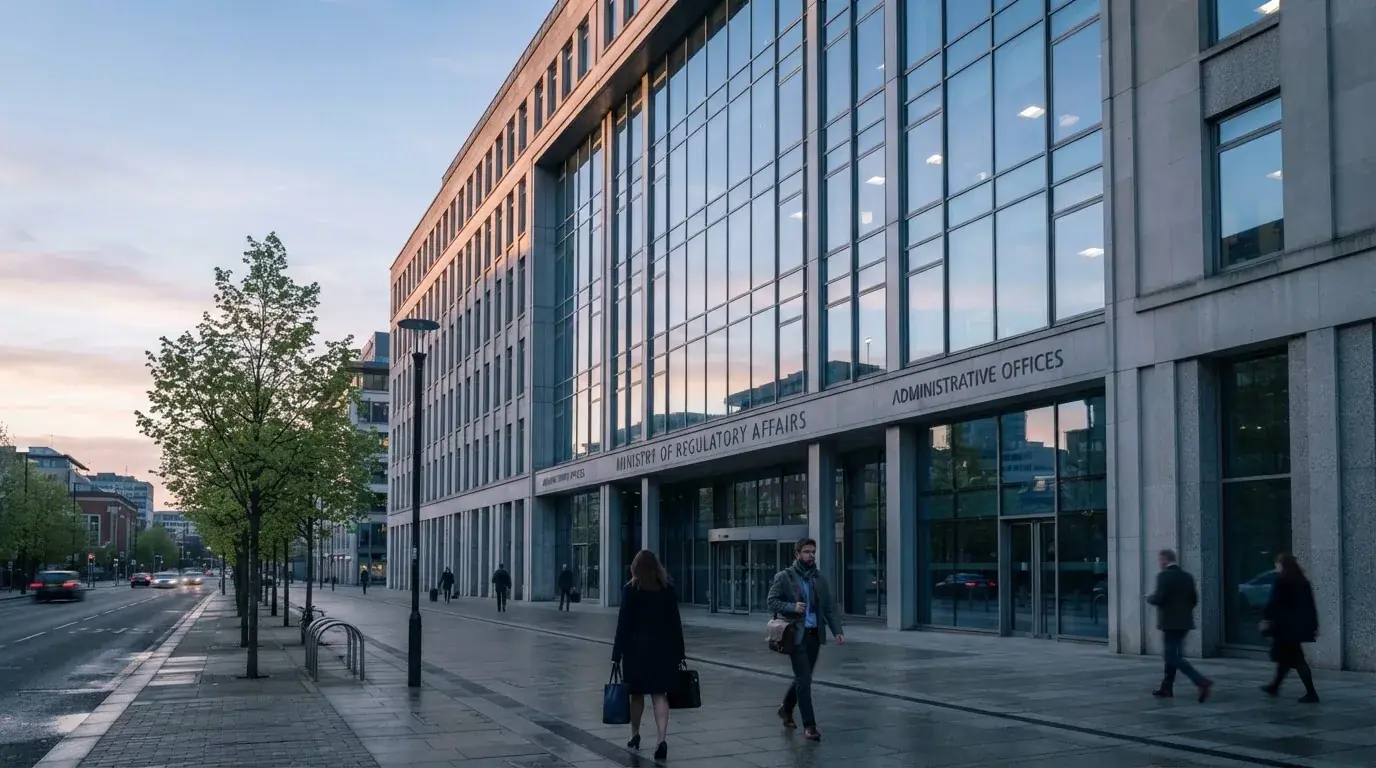 Fasáda administrativní budovy s velkými okny odráží ranní oblohu nad ulicí.