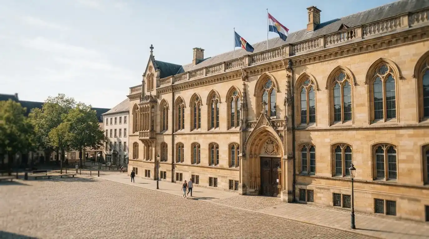 Historická úřední budova s vlajkami na slunečném náměstí — live blackjack pro české hráče