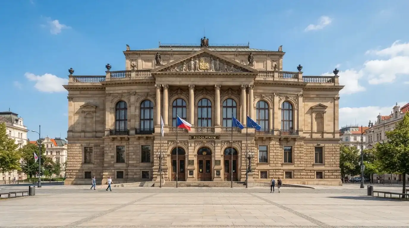 Historická úřední budova s vlajkami na slunečném náměstí — live ruleta CZ s česky mluvícími krupiéry
