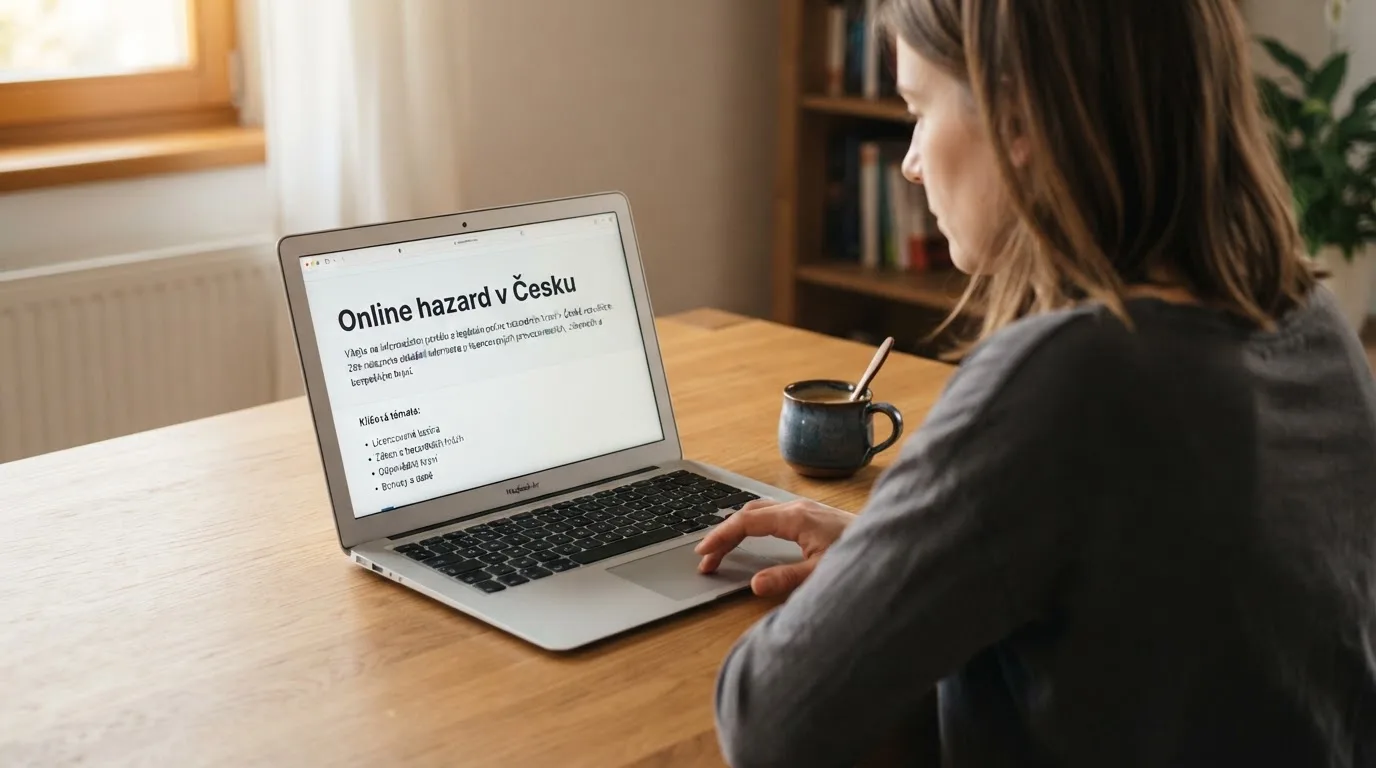 Člověk u notebooku čte informační stránku o online hazardu v Česku — live ruleta CZ s česky mluvícími krupiéry