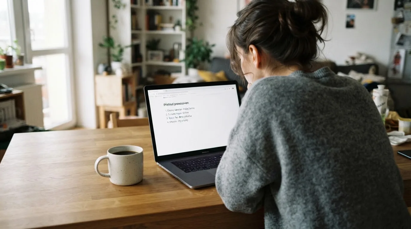 Člověk u notebooku čte informační stránku o online hazardu v Česku — nejlepší automaty online za peníze