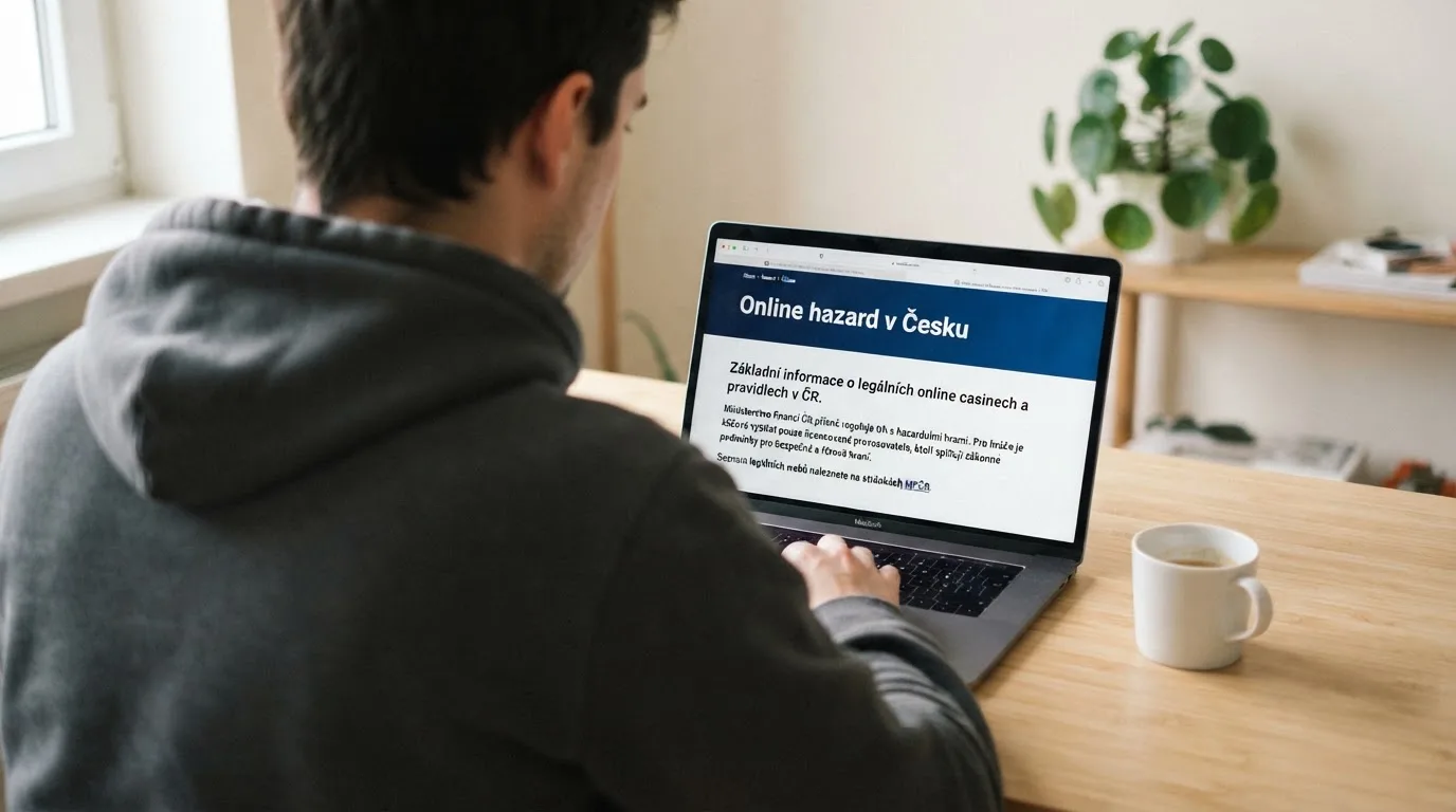 Člověk u notebooku čte informační stránku o online hazardu v Česku — nejlepší krypto casino pro české hráče
