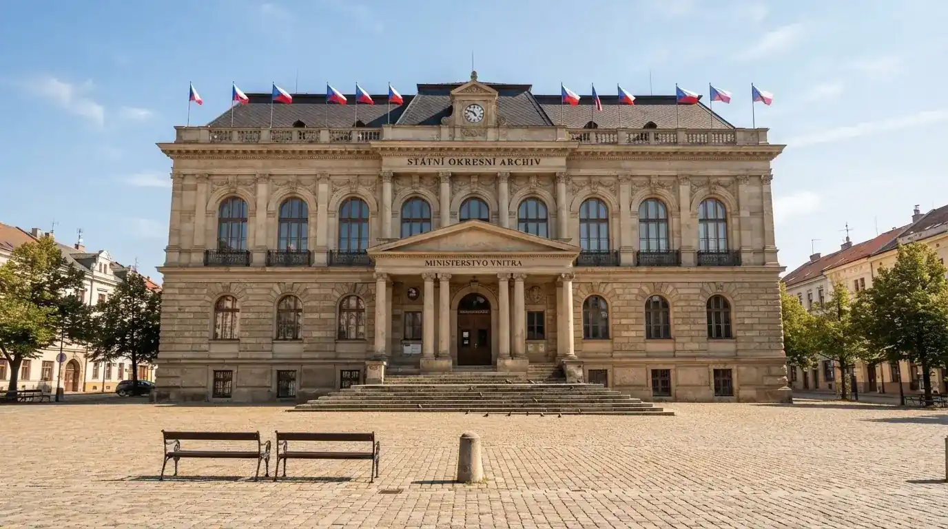 Historická úřední budova s vlajkami na slunečném náměstí — nejlepší live casino CZ