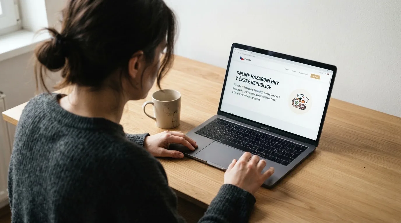 Člověk u notebooku čte informační stránku o online hazardu v Česku — nejlepší live casino CZ
