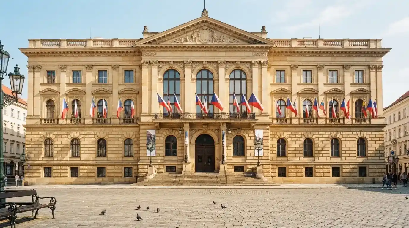 Historická úřední budova s vlajkami na slunečném náměstí — nejlepší mobilní online kasino česká republika