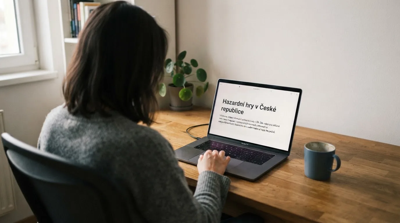 Člověk u notebooku čte informační stránku o online hazardu v Česku — nejlepší online casino za peníze